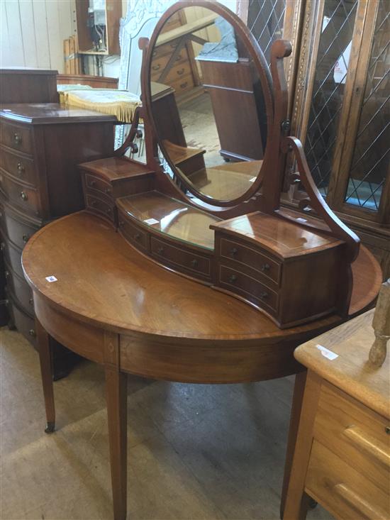 Inlaid mahogany D end circular dining table & mirror